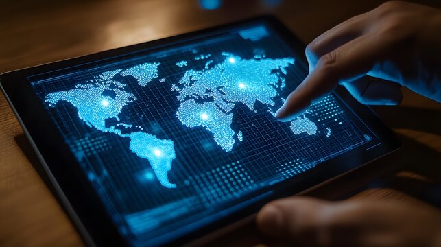 Fingers touch the screen with a country or cross-continental view. The concept of cross-border and continental trade and cooperation.
