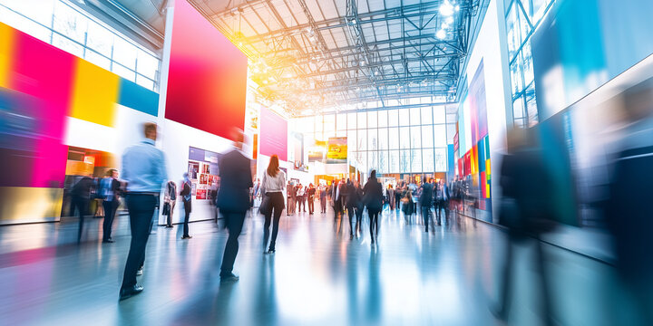 A blurred photograph of business people walking around an exhibition hall, with colorful banners and posters in the background.