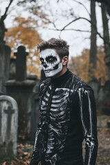 A man in a skeleton costume, with full-body skeleton print and face paint, standing in a spooky graveyard