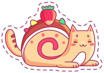 A playful cartoon cat lies comfortably on its side featuring a strawberry atop a candy like shell radiating a joyful and fun ambiance.
