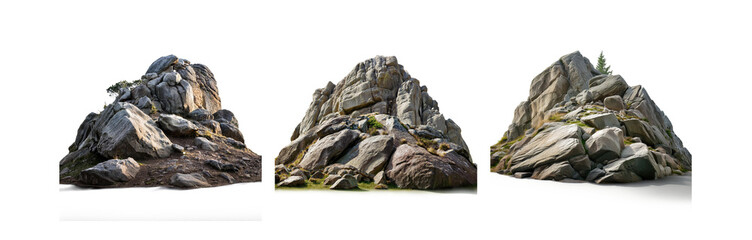 Three isolated rocky mountain formations on a white background.