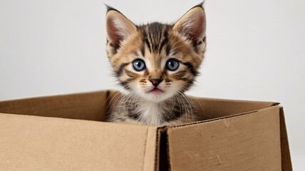 curious kitten peeking out from a cardboard box