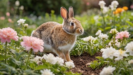rabbit hopping through a flower garden