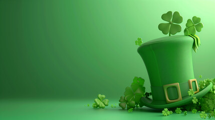 3d render green clover leaf leprechaun hat st patrick's day background copy space