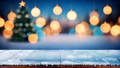 empty wooden table top with snow and Blurred Christmas background	
