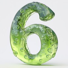 3D number 6 with green toxic liquid texture realistic modern design, soft lighting, white background.