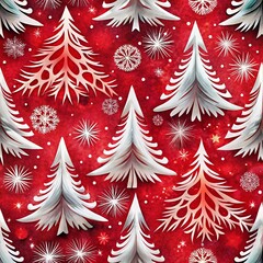 Obraz premium creative seamless pattern of white Christmas trees and snowflakes on a bright red background