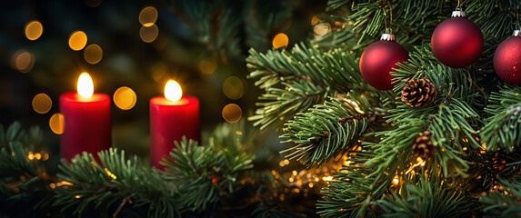 Choinka z czerwonymi świecami i bombkami w świątecznym otoczeniu
