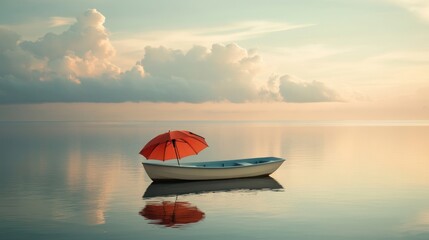 A small boat on calm waters, with an umbrella symbolizing protection and insurance from unexpected events. Soft light and distant clouds