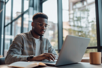 A handsome man in glasses is sitting at the table and working on his laptop, holding an open notebook with notes near him.