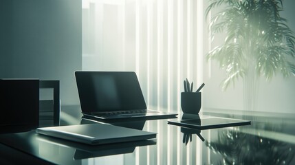 A tablet and notebook beside a modern laptop on a glass desk, creating a contemporary teleworking setup. Soft light filters in from the side