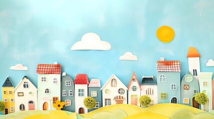 Naklejka premium A whimsical paper craft scene of a town with colorful houses under a blue sky.