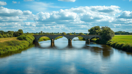Fototapeta premium Calm river winding through rural scenery with bridge 