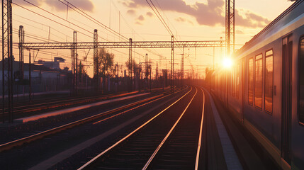 Fototapeta premium Highway runs parallel to a railway track, with a train passing by as the sun sets, captured in 8K resolution The scene is rendered with ultrarealistic detail and perfect focus