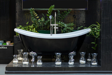 Black and white bathroom interior design with indoor plants