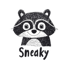 Sneaky Raccoon Character Illustration with Sneaky Text perfect for fun designs and children s decor.