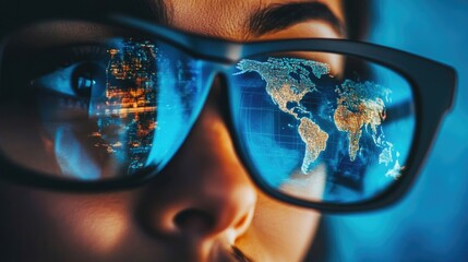 Man and woman looking through glasses with a world map reflection