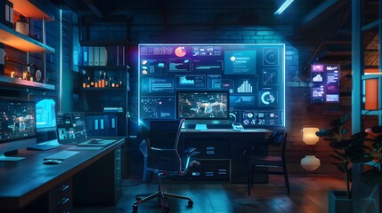 Fototapeta premium Futuristic Smart Home Office Setup for Seamless Remote Work Productivity