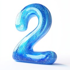 Fototapeta premium 3D number 2 with blue liquid with glitters in glass texture realistic modern design, soft lighting, white background