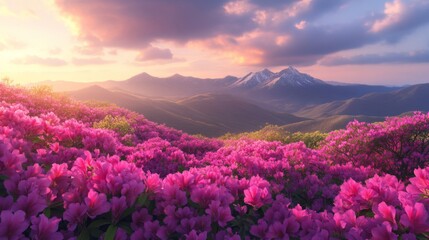 Pink Flowers Blooming on Mountainside at Sunset