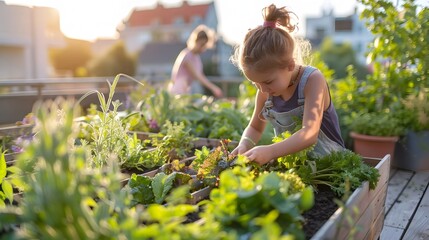 A Family s Rooftop Urban Garden Filled with Fresh Vegetables and Herbs Symbolizing Self Sufficiency and Eco Friendly Lifestyle