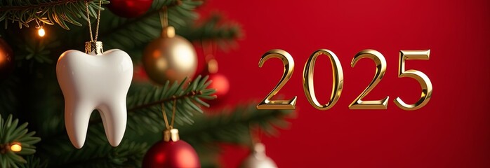 White tooth hanging on Christmas tree with date 2025 on a red background. Free space for text. Christmas medical background, card, banner. 2025 new year dental card