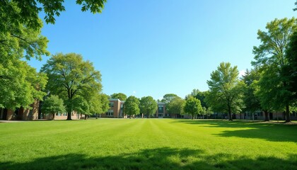 Sunny college campus with green lawn and trees
