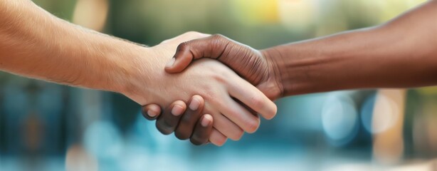 Fototapeta premium People Unite Through a Handshake in a Bright Park