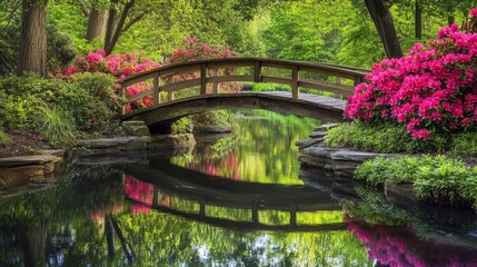 Fototapeta premium Wooden Bridge Spanning a Pond in a Lush Garden with Pink Flowers