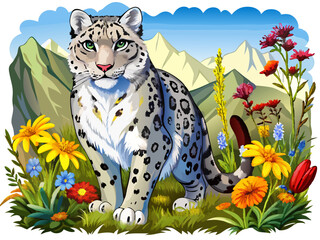 snow leopard with flowers, snow leopard illustration vector, leopard vector art 