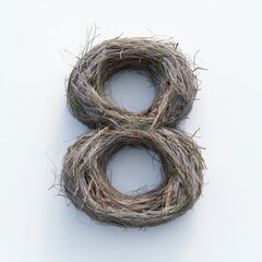 3D number 8 with nest texture realistic modern design, soft lighting, white background