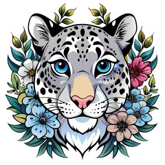  snow leopard face  with flowers , cartoon leopard , snow leopard vector