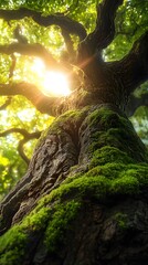 Fototapeta premium Sunlight streams through the leaves of a moss-covered tree.