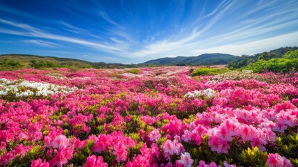 Fototapeta premium Pink and White Azalea Flowers Blooming in a Field with Mountains in the Background