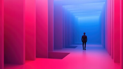 Fototapeta premium A lone figure walks through a vibrant, surreal corridor of pink and blue hues, AI