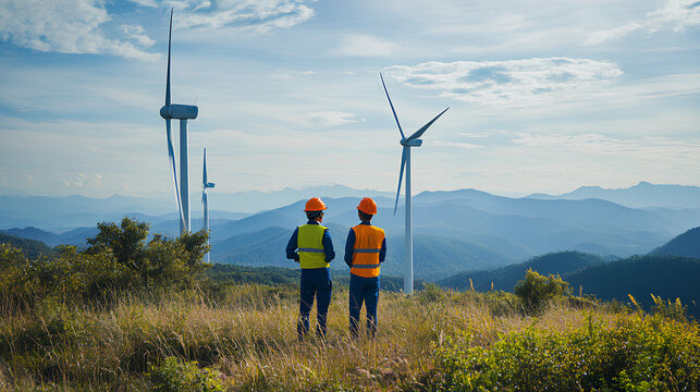 technicians working outdoor at wind turbine field. Renewable energy engineer working on wind turbine projects, Environmental engineer research and develop approaches to providing clean energy sour