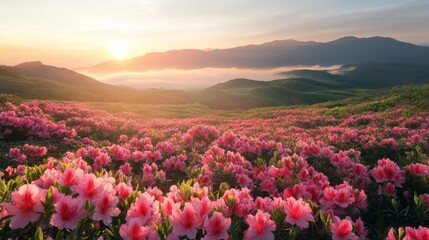 Fototapeta premium Pink Azalea Flowers Blooming in a Mountain Meadow at Sunrise