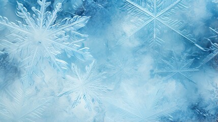 Winter’s Delicate Artistry. Close-Up of Intricate Snowflake Crystals on Blue Gradient Background. Frost, frozen surface, window. Ice, icy pattern, texture