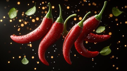 Spicy red chilies and green leaves dance in a captivating display of color and texture