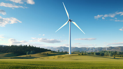 A highly detailed 3D rendering of a modern wind turbine set against a tranquil countryside backdrop. The turbine's sleek white blades contrast with the lush green fields and clear blue sky