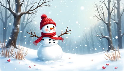 Fototapeta premium Adorable snowman wearing a red hat and scarf in a snowy forest setting 