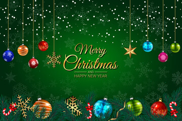 Naklejka premium Festive Christmas background with hanging ornaments and snowflakes on green