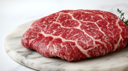 Fototapeta premium A marbled beef cut on a marble board showcases its quality