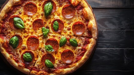 A tempting pepperoni pizza garnished with vibrant basil leaves, inviting flavors abound