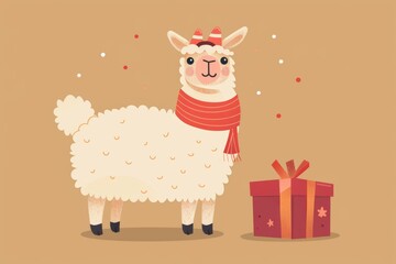 Naklejka premium Festive llama with gift box and confetti background