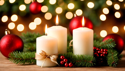 Christmas decoration with candles and blur bokeh light in the background