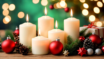 Christmas decoration with candles and blur bokeh light in the background	
