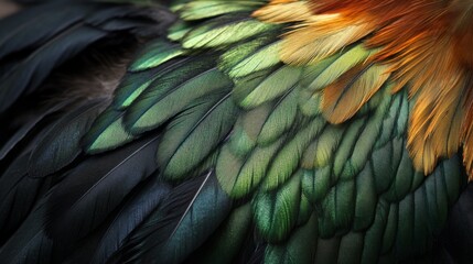 Obraz premium Close-up of Multicolored Bird Feathers with Green, Black, and Orange Tones