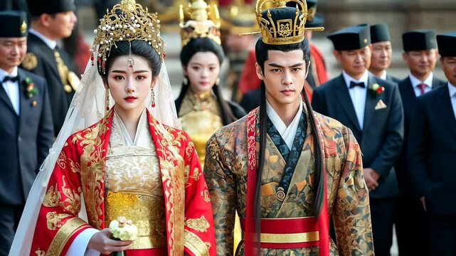 Chinese drama actor and actress wearing ancient  king and queen attire costume walking at event