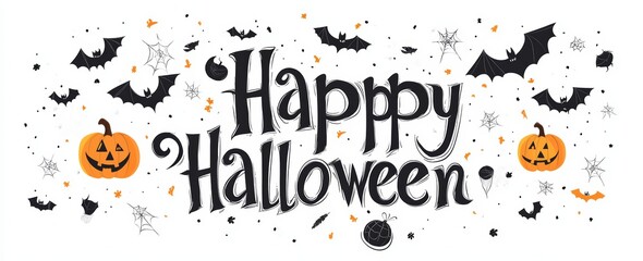 Happy Halloween with bats. Black letters isolated on white background. Spooky and scary Halloween and horror concept.